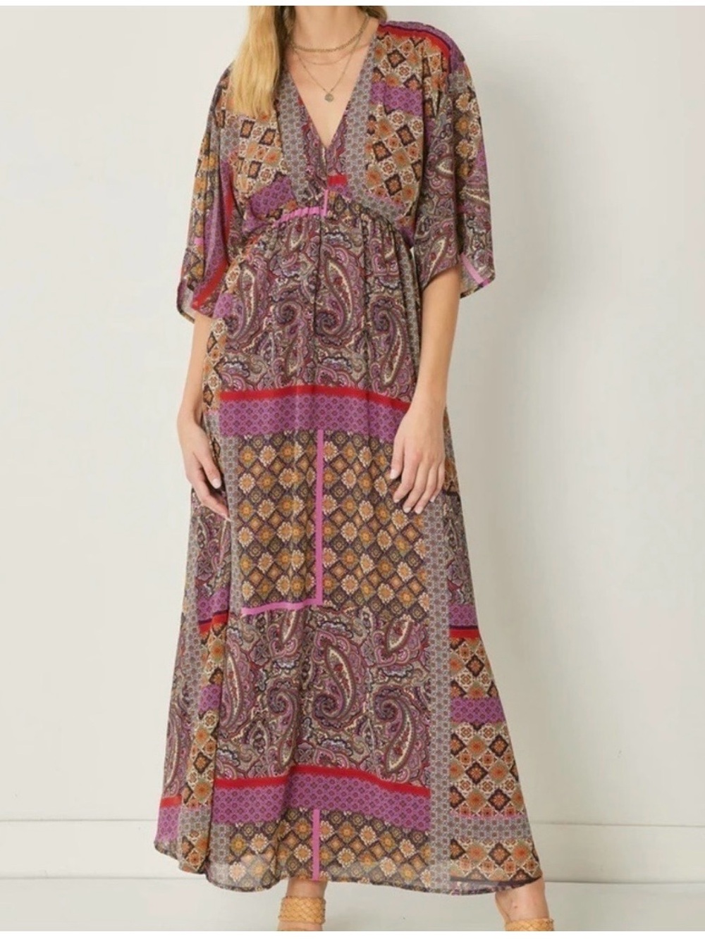 Entro Boho Paisley Patchwork Maxi Dress‎ in Pink and Brown sz M